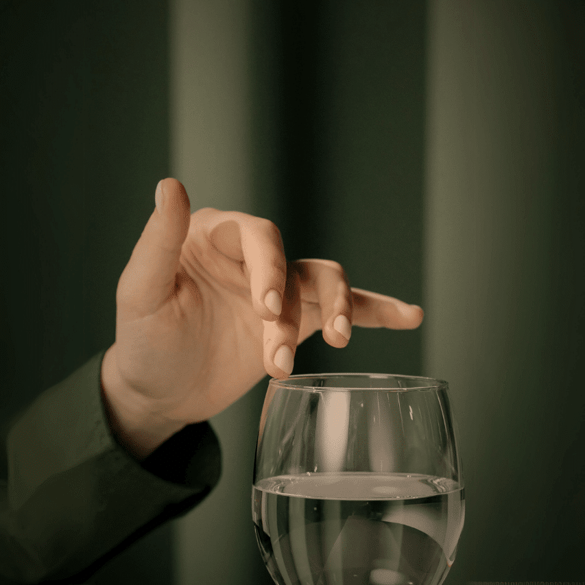 Mano femminile che sfiora delicatamente la superficie dell’acqua in un bicchiere.